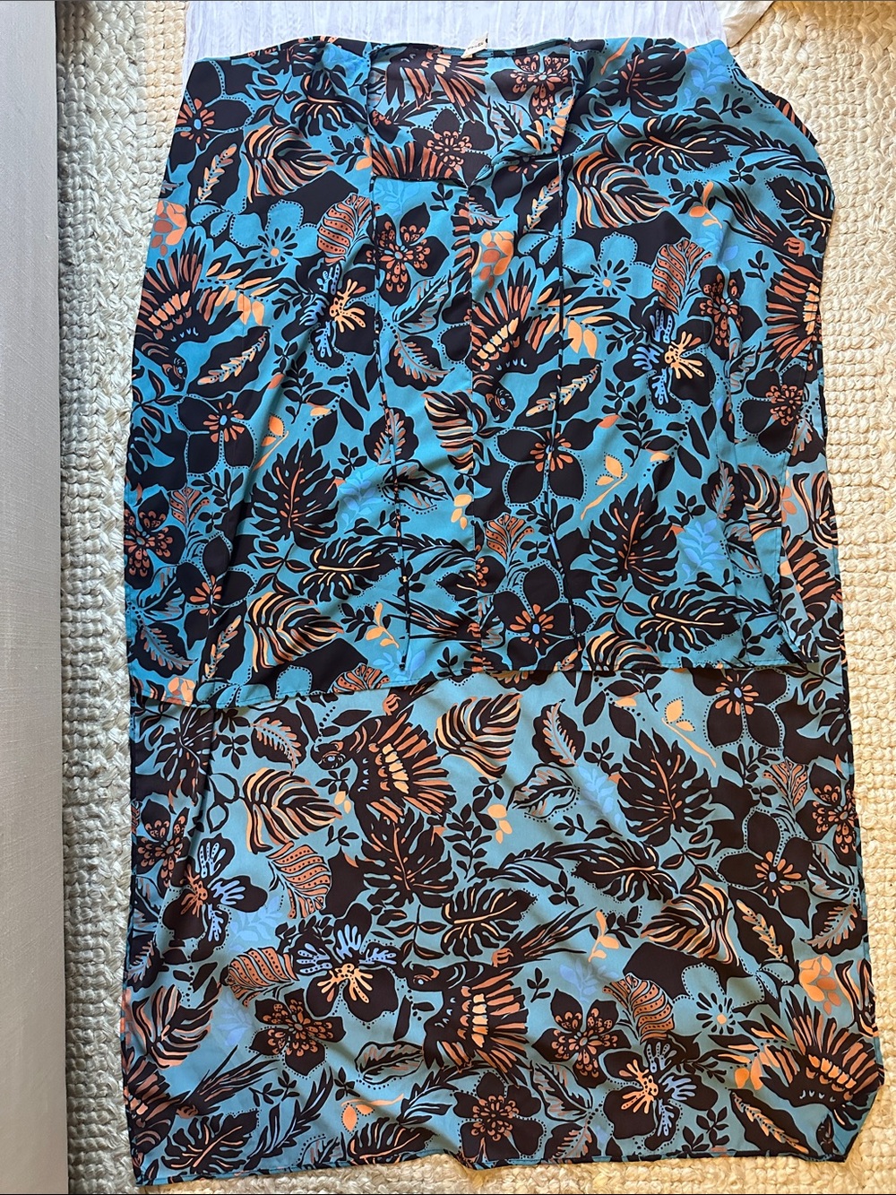 Tyche Blue Floral Swim High Low Sarong Dress with Black and Tan Accents